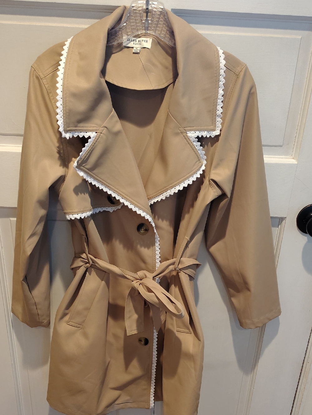 Beige Trench Coat with White Lace Trim Petite L